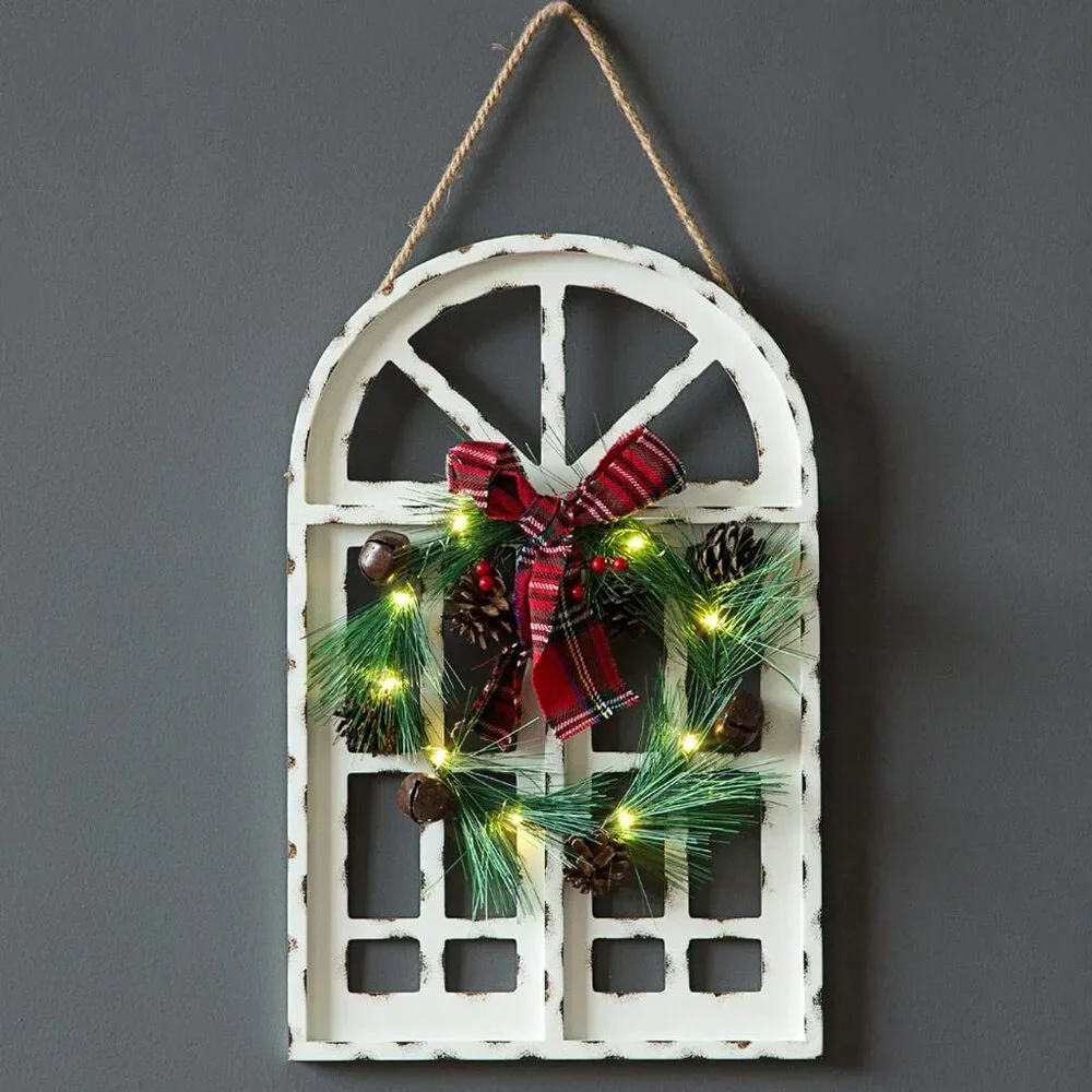 LED Wooden Christmas Wreath Wall Hanging for Elegant Holiday Decor | 16.5